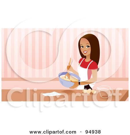 Royalty-Free (RF) Clipart Illustration of a Pretty Brunette Woman Mixing Cake Mix In A Bowl by Monica