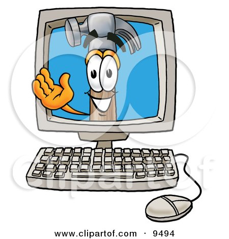 Clipart Picture of a Hammer Mascot Cartoon Character Waving From Inside a Computer Screen by Mascot Junction