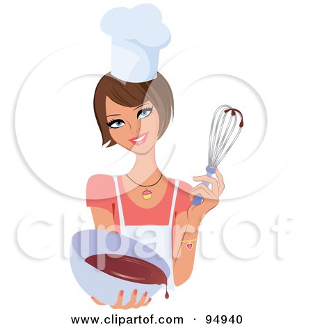 Royalty-Free (RF) Clipart Illustration of a Pretty Brunette White Woman Holding Up A Whisk And A Bowl Of Cake Mix by Monica