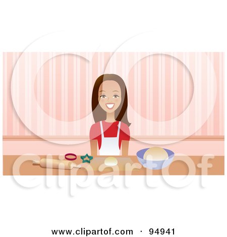 Royalty-Free (RF) Clipart Illustration of a Brunette Woman Smiling While Using Cookie Cutters In A Kitchen by Monica
