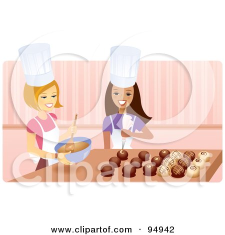Royalty-Free (RF) Clipart Illustration of Two Happy Women Creating Elegant Chocolates In A Kitchen by Monica