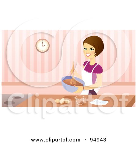 Royalty-Free (RF) Clipart Illustration of a Brunette Woman Smiling While Mixing Ingredients In A Bowl by Monica