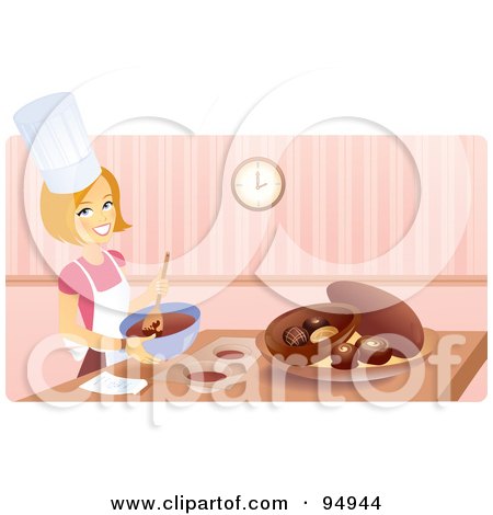 Royalty-Free (RF) Clipart Illustration of a Blond Woman Smiling And Mixing Chocolate In A Bowl by Monica