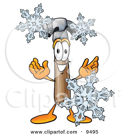Clipart Picture of a Hammer Mascot Cartoon Character With Three Snowflakes in Winter by Mascot Junction