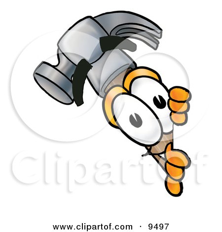 Clipart Picture of a Hammer Mascot Cartoon Character Peeking Around a Corner by Mascot Junction