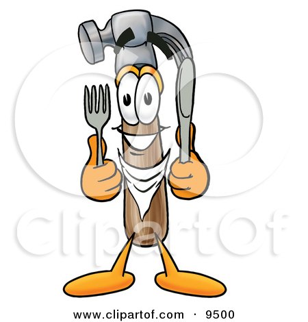 Clipart Picture of a Hammer Mascot Cartoon Character Holding a Knife and Fork by Mascot Junction