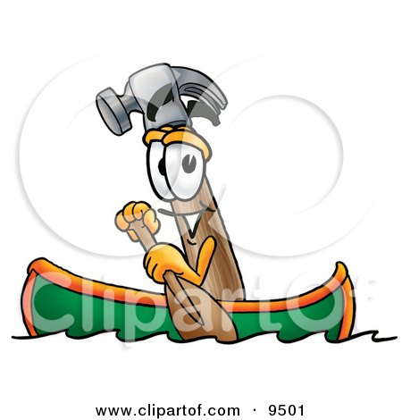 Clipart Picture of a Hammer Mascot Cartoon Character Rowing a Boat by Mascot Junction