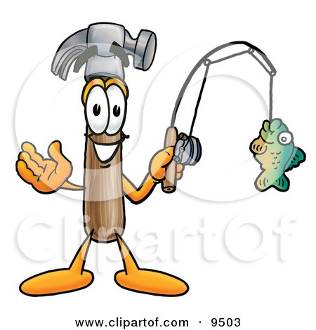 Clipart Picture of a Hammer Mascot Cartoon Character Holding a Fish on a Fishing Pole by Mascot Junction