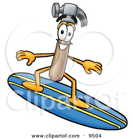 Clipart Picture of a Hammer Mascot Cartoon Character Surfing on a Blue and Yellow Surfboard by Mascot Junction