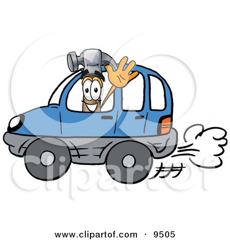 Clipart Picture of a Hammer Mascot Cartoon Character Driving a Blue Car and Waving by Mascot Junction