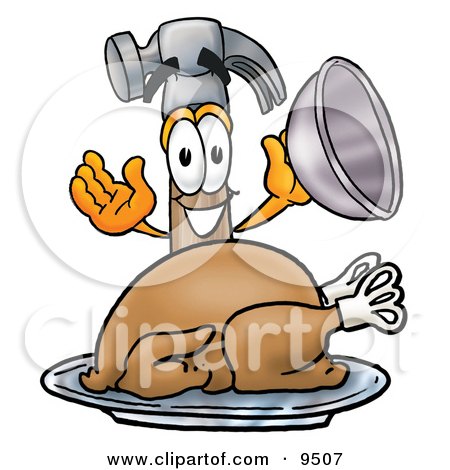 Clipart Picture of a Hammer Mascot Cartoon Character Serving a Thanksgiving Turkey on a Platter by Mascot Junction