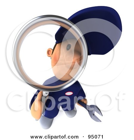 Royalty-Free (RF) Clipart Illustration of a 3d Toon Guy Auto Mechanic Inspecting With A Magnifying Glass - 1 by Julos
