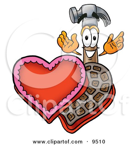 Clipart Picture of a Hammer Mascot Cartoon Character With an Open Box of Valentines Day Chocolate Candies by Mascot Junction