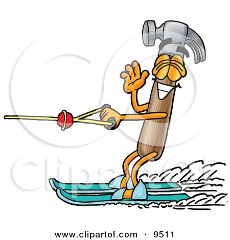 Clipart Picture of a Hammer Mascot Cartoon Character Waving While Water Skiing by Mascot Junction