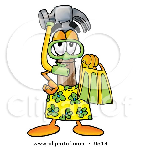 Clipart Picture of a Hammer Mascot Cartoon Character in Green and Yellow Snorkel Gear by Mascot Junction