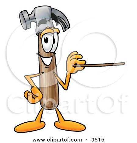 Clipart Picture of a Hammer Mascot Cartoon Character Holding a Pointer Stick by Mascot Junction