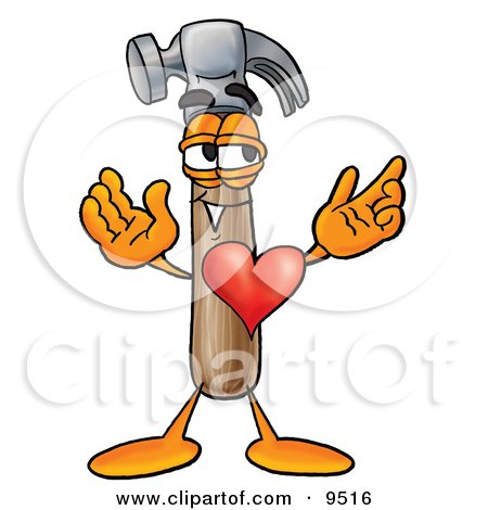 Clipart Picture of a Hammer Mascot Cartoon Character With His Heart Beating Out of His Chest by Mascot Junction