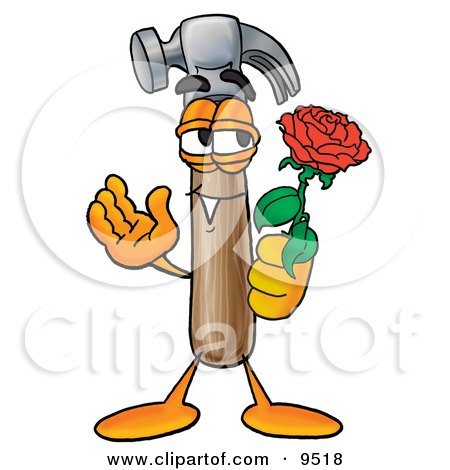 Clipart Picture of a Hammer Mascot Cartoon Character Holding a Red Rose on Valentines Day by Mascot Junction