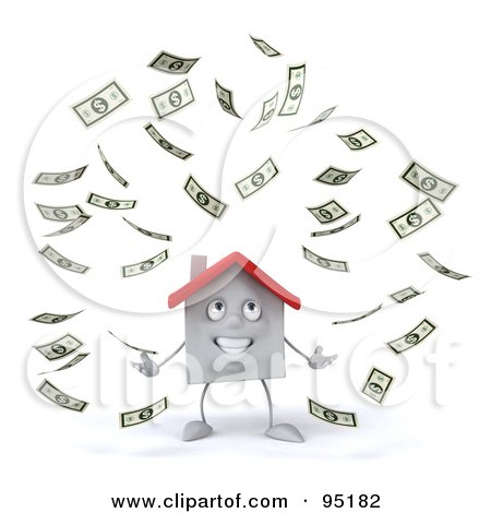 Royalty-Free (RF) Clipart Illustration of a 3d White Clay Home Character With Falling Cash - 1 by Julos