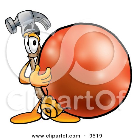 Clipart Picture of a Hammer Mascot Cartoon Character Standing With a Christmas Bauble by Mascot Junction
