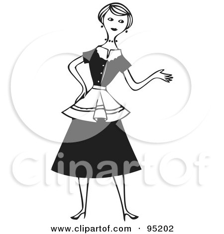 Royalty-Free (RF) Clipart Illustration of a Retro Black And White Woman Presenting With One Hand by BestVector