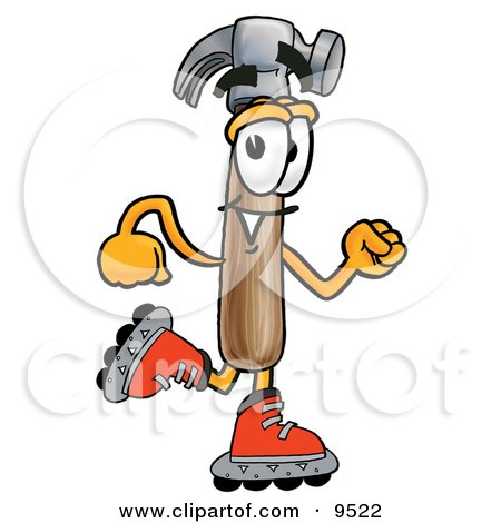 Clipart Picture of a Hammer Mascot Cartoon Character Roller Blading on Inline Skates by Mascot Junction