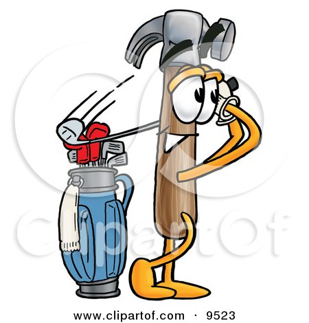 Clipart Picture of a Hammer Mascot Cartoon Character Swinging His Golf Club While Golfing by Mascot Junction