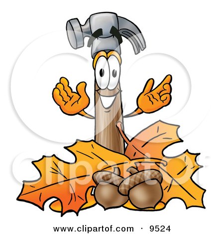 Clipart Picture of a Hammer Mascot Cartoon Character With Autumn Leaves and Acorns in the Fall by Mascot Junction
