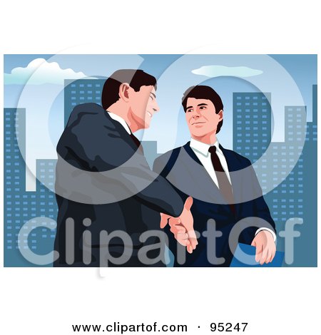 Royalty-Free (RF) Clipart Illustration of Two Businessmen Walking And Shaking Hands by mayawizard101