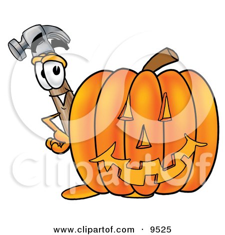 Clipart Picture of a Hammer Mascot Cartoon Character With a Carved Halloween Pumpkin by Toons4Biz