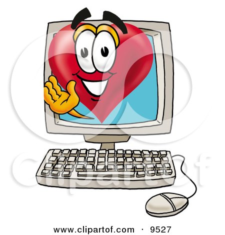 Clipart Picture of a Love Heart Mascot Cartoon Character Waving From Inside a Computer Screen by Mascot Junction