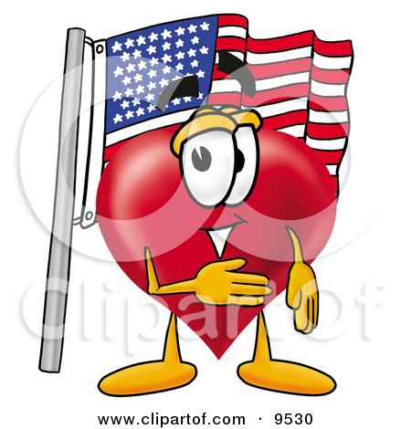 Clipart Picture of a Love Heart Mascot Cartoon Character Pledging Allegiance to an American Flag by Mascot Junction