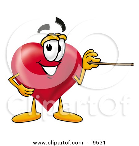 Clipart Picture of a Love Heart Mascot Cartoon Character Holding a Pointer Stick by Mascot Junction