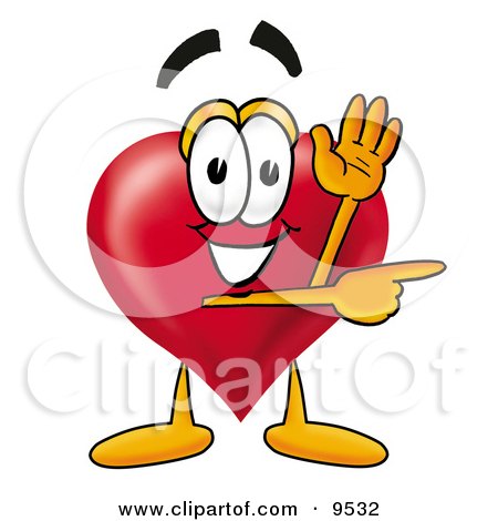 Clipart Picture of a Love Heart Mascot Cartoon Character Waving Hello While Pointing To The Side by Mascot Junction