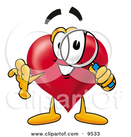 Clipart Picture of a Love Heart Mascot Cartoon Character Looking Through a Magnifying Glass by Mascot Junction
