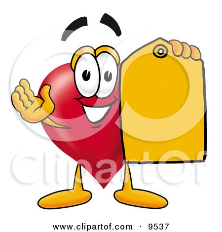 Clipart Picture of a Love Heart Mascot Cartoon Character Holding a Yellow Sales Price Tag by Mascot Junction