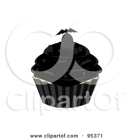 Royalty-Free (RF) Clipart Illustration of a Vampire Bat And Tombstone On Top Of A Black Cupcake by Randomway
