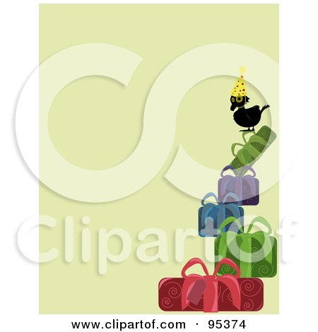 Royalty-Free (RF) Clipart Illustration of a Black Over The Hill Crow Wearing A Party Hat And Standing On A Pile Of Gifts by Randomway
