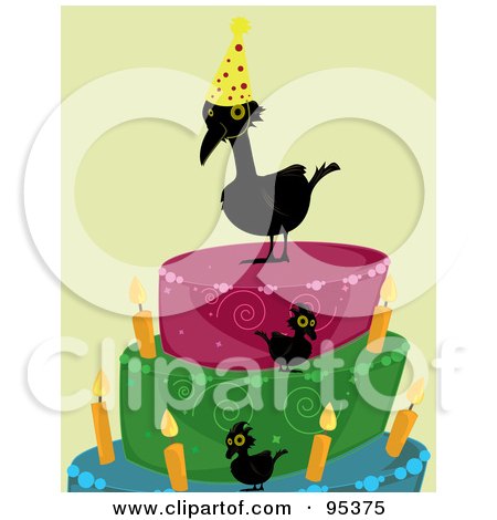 Royalty-Free (RF) Clipart Illustration of a Black Over The Hill Crow Wearing A Party Hat And Standing On A Cake by Randomway