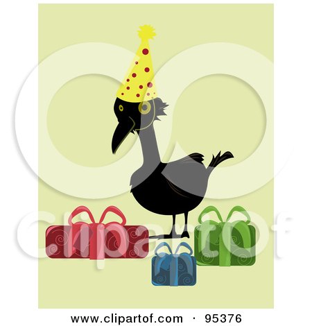 Royalty-Free (RF) Clipart Illustration of a Black Over The Hill Crow Wearing A Party Hat And Standing By Presents by Randomway