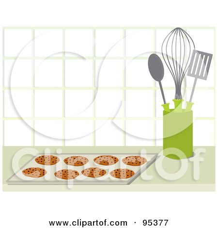 Royalty-Free (RF) Clipart Illustration of a Tray Of Fresh Chocolate Chip Cookies By Utensils On A Kitchen Counter by Randomway