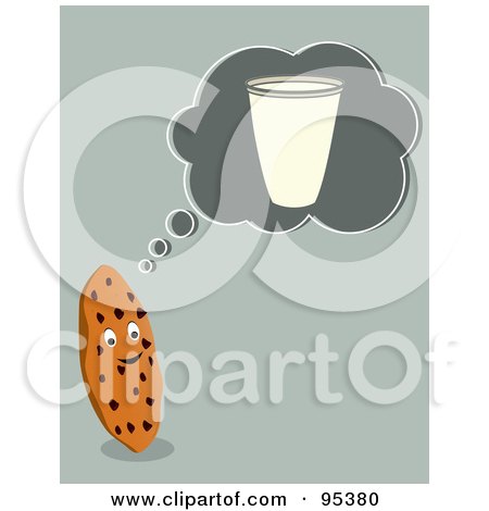 Royalty-Free (RF) Clipart Illustration of a Chocolate Chip Cookie Thinking Of A Glass Of Milk by Randomway