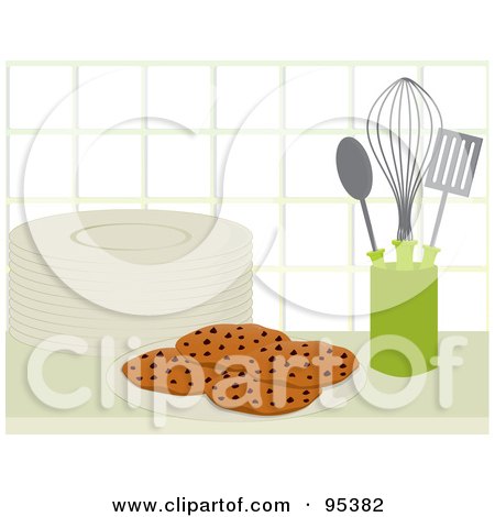 Royalty-Free (RF) Clipart Illustration of a Plate Of Fresh Chocolate Chip Cookies By Utensils On A Kitchen Counter by Randomway