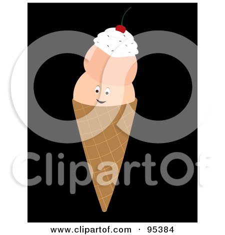 Royalty-Free (RF) Clipart Illustration of a Smiling Triple Scoop Waffle Ice Cream Cone Character On Black by Randomway