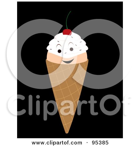 Royalty-Free (RF) Clipart Illustration of a Smiling Double Scoop Waffle Ice Cream Cone Character On Black by Randomway