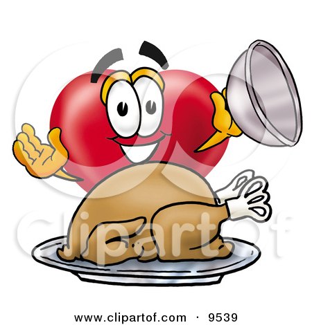Clipart Picture of a Love Heart Mascot Cartoon Character Serving a Thanksgiving Turkey on a Platter by Mascot Junction
