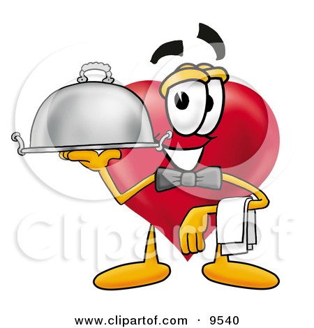 Clipart Picture of a Love Heart Mascot Cartoon Character Dressed as a Waiter and Holding a Serving Platter by Mascot Junction