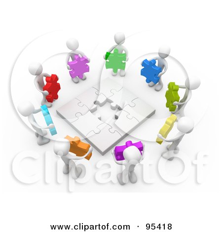 Circle Of 3d White People Holding Different Colored Puzzle Pieces Around A Nearly Complete Puzzle Posters, Art Prints
