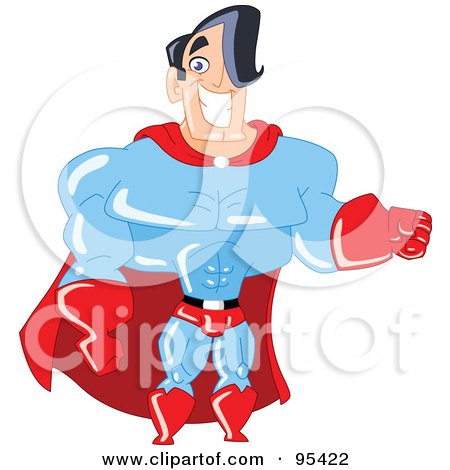 Royalty-Free (RF) Clipart Illustration of a Super Man In A Blue Suit And Red Cape by yayayoyo