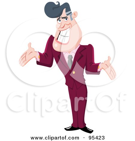 Royalty-Free (RF) Clipart Illustration of a Grinning Businessman Presenting With His Hands by yayayoyo